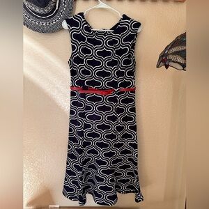 Shelby & Palmer Navy and White Midi Dress with Red Belt